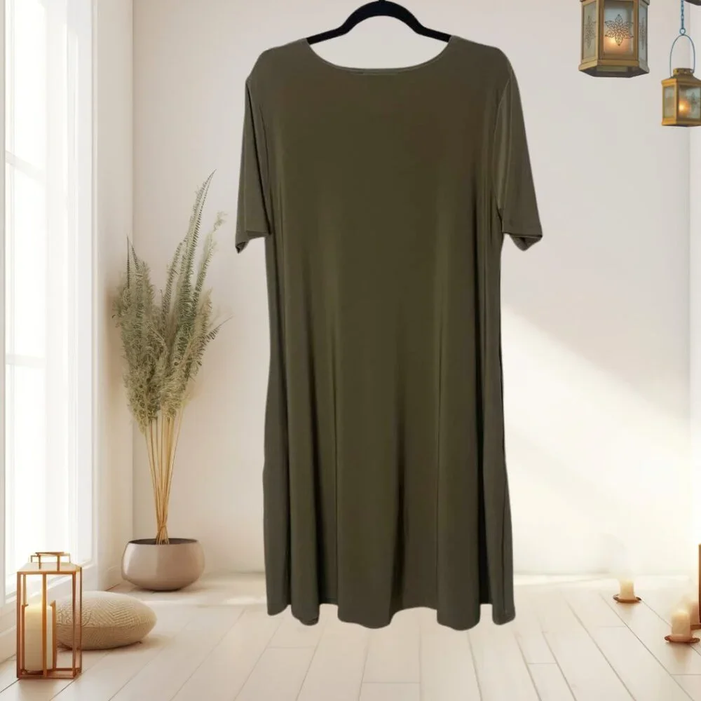 Sympli Trapeze Dress Short Sleeve Size 14 NWT Olive Green Knit Stretch Mod - Picture 3 of 9